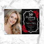 Invitation Elégante Black Silver Red Photo 50th Birthday<br><div class="desc">Elégante invitation à 50ème anniversaire fleurie avec votre photo. Design noir rouge glam avec fausse parties scintillant argent. Comprend des roses rouges, des caractères de script et des confettis. Parfait pour une fête anniversaire adulte élégante. Personnalisez avec vos propres détails. Peut être customisé pour n'importe quel âge ! Invitations Zazzle...</div>