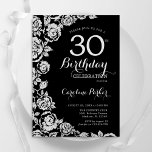 Invitation Elégante Black Silver Roses 30e anniversaire fête<br><div class="desc">Invitation de fête de 30e anniversaire en argent noir. Design élégant avec rose,  faux feuille d'argent et police de script de typographie. Carte invitation tendance parfaite pour une célébration anniversaire élégante. Peut être customisé à n'importe quel âge. Invitations Zazzle imprimées ou téléchargement instantané modèle imprimable numérique.</div>