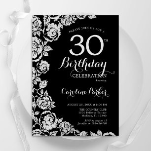 Invitation Elégante Black Silver Roses 30e anniversaire fête