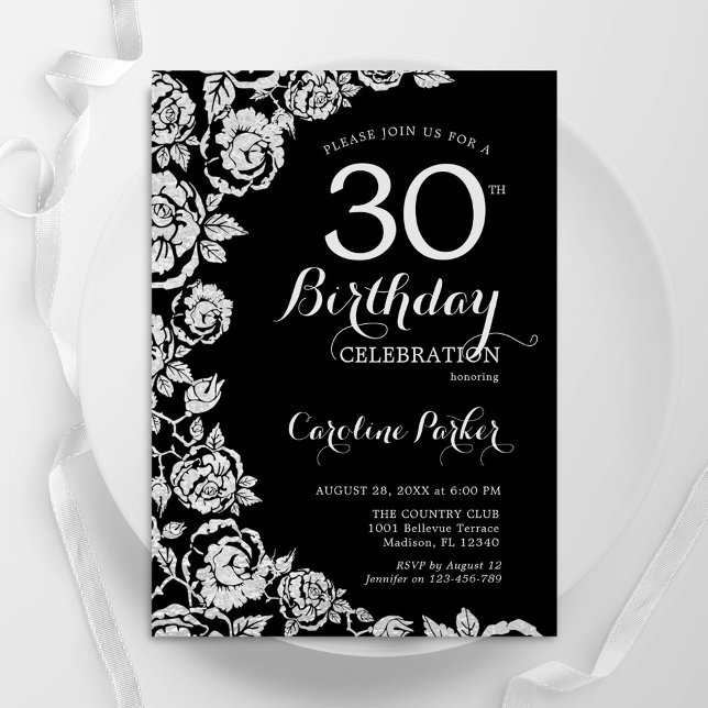Invitation Elégante Black Silver Roses 30e anniversaire fête (Créateur téléchargé)