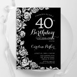 Invitation Elégante Black Silver Roses 40e anniversaire fête<br><div class="desc">Invitation à la fête de 40e anniversaire en argent noir. Design élégant avec rose,  faux feuille d'argent et police de script de typographie. Carte invitation tendance parfaite pour une célébration anniversaire élégante. Peut être customisé à n'importe quel âge. Invitations Zazzle imprimées ou téléchargement instantané modèle imprimable numérique.</div>