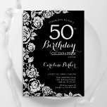 Invitation Elégante Black Silver Roses 50e anniversaire fête<br><div class="desc">Invitation à la fête du 50e anniversaire de l'argent noir. Design élégant avec rose,  faux feuille d'argent et police de script de typographie. Carte invitation tendance parfaite pour une célébration anniversaire élégante. Peut être customisé à n'importe quel âge. Invitations Zazzle imprimées ou téléchargement instantané modèle imprimable numérique.</div>
