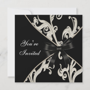 Invitation Élégante Black White Cream Swirl Party