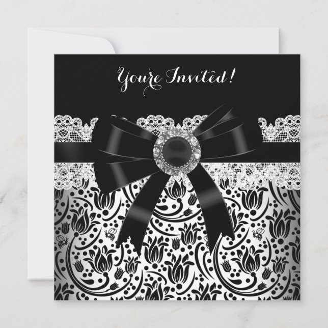 Invitation Elégante Black White Damask Jewel Anniversaire Par (Devant)