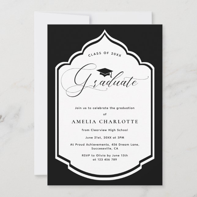 Invitation Élégante Black White Frame Graduation Party (Devant)