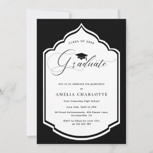 Invitation Élégante Black White Frame Graduation Party