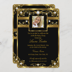 Invitation Elégante Black White Gold Pearl Photo Anniversaire