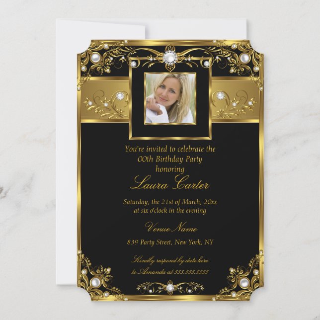 Invitation Elégante Black White Gold Pearl Photo Anniversaire (Devant)