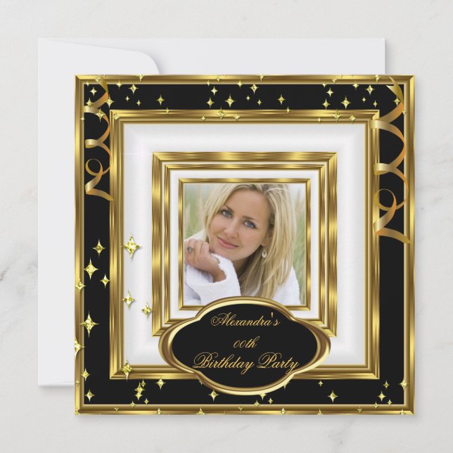 Invitation Elégante Black White Gold Photo Anniversaire (Devant)