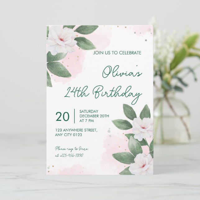 Invitation élégante blanche florale pour 24e anniv (Debout devant)