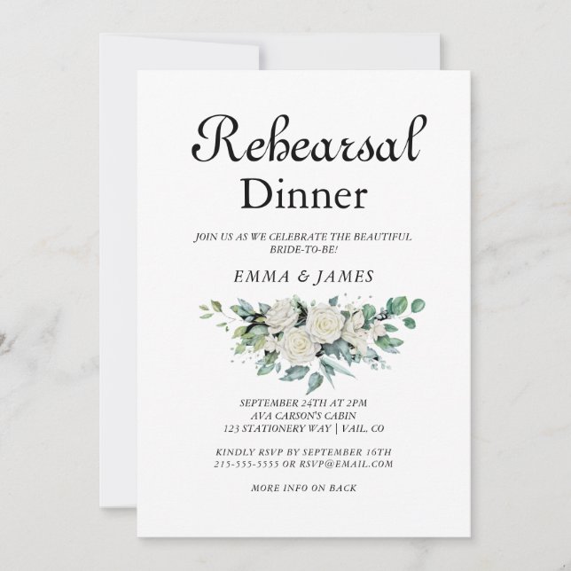 Invitation élégante blanche florale pour dîner de  (Devant)