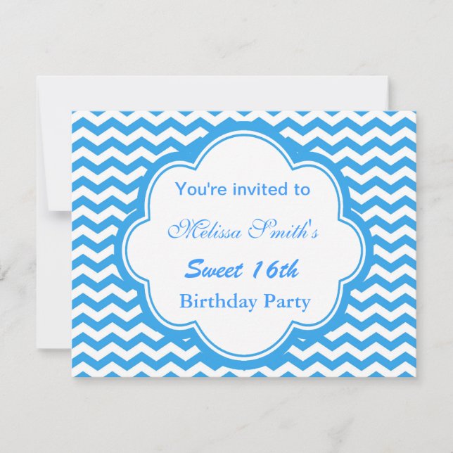 Invitation Elégante bleu, chevron tendance filles sucrées 16è (Devant)