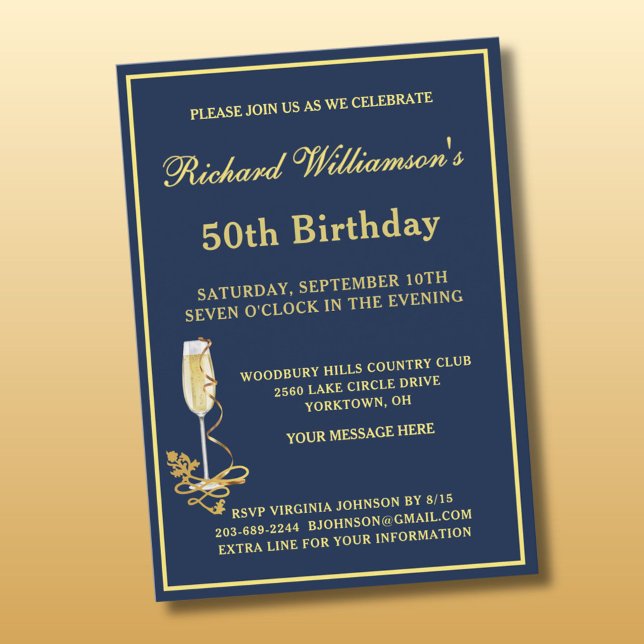 Invitation élégante bleu marine et or pour fête de (Créateur téléchargé)