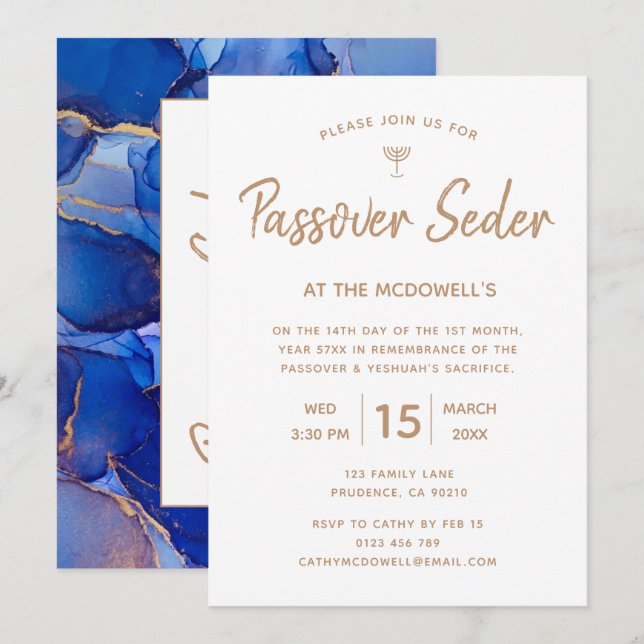 Invitation élégante bleu or pour le Seder de Pâque (Devant / Derrière)