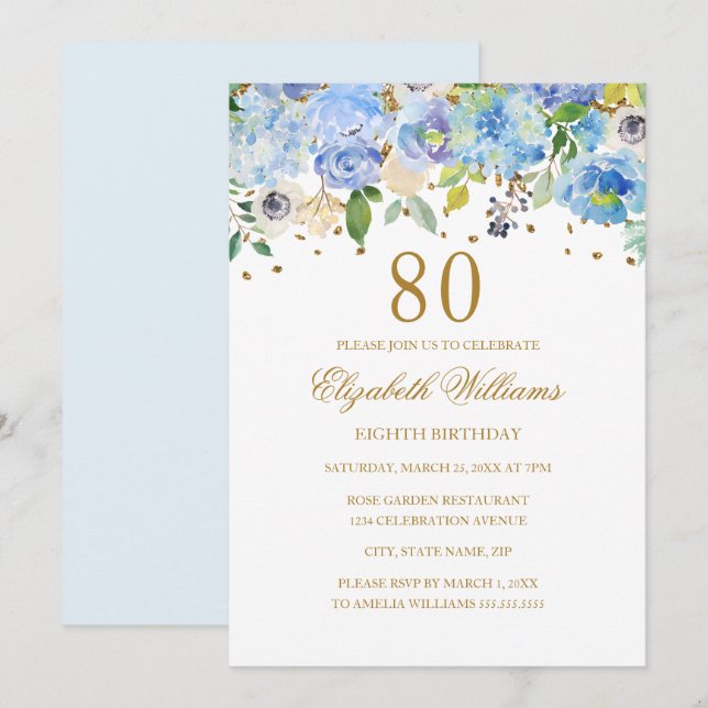 Invitation élégante bleu or pour les 80 ans avec m (Devant / Derrière)