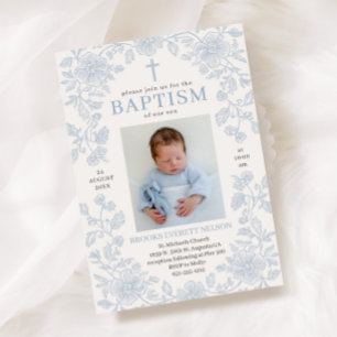 Invitation élégante bleu poussiéreux pour baptême 