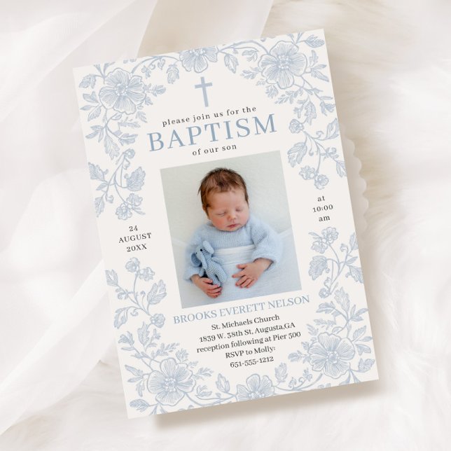 Invitation élégante bleu poussiéreux pour baptême  (Créateur téléchargé)
