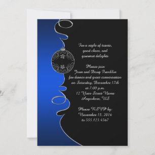 Invitation Élégante Bleue Argent Fête Noire de Noël