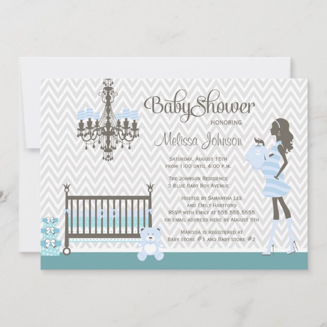 Invitation élégante bleue de douche de bébé de (Devant)