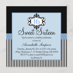Invitation élégante bleue et noire pour un Sweet 1