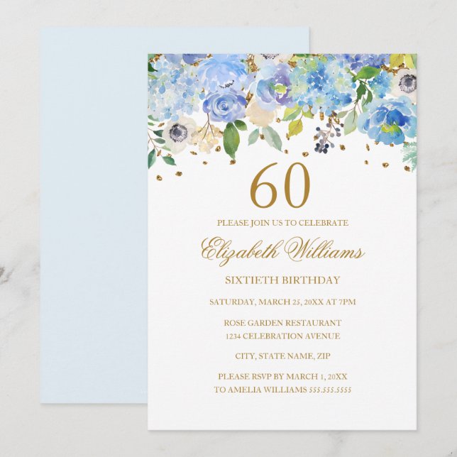 Invitation élégante bleue et or avec fleurs pour l (Devant / Derrière)