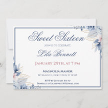 Invitation élégante bleue florale pour Sweet 16