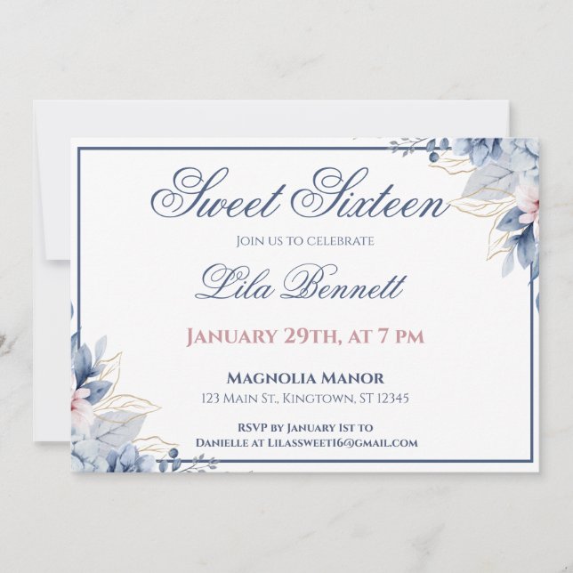 Invitation élégante bleue florale pour Sweet 16 (Devant)