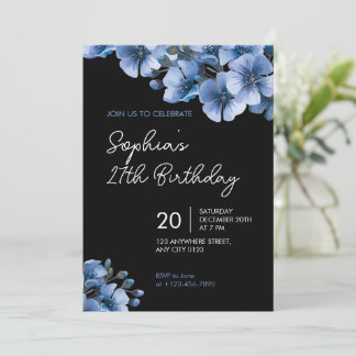 Invitation élégante bleue florale pour un 27e anni
