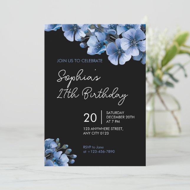 Invitation élégante bleue florale pour un 27e anni (Debout devant)