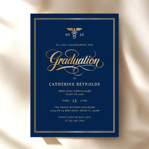 Invitation Élégante Bleue Gold College Parti de Graduation