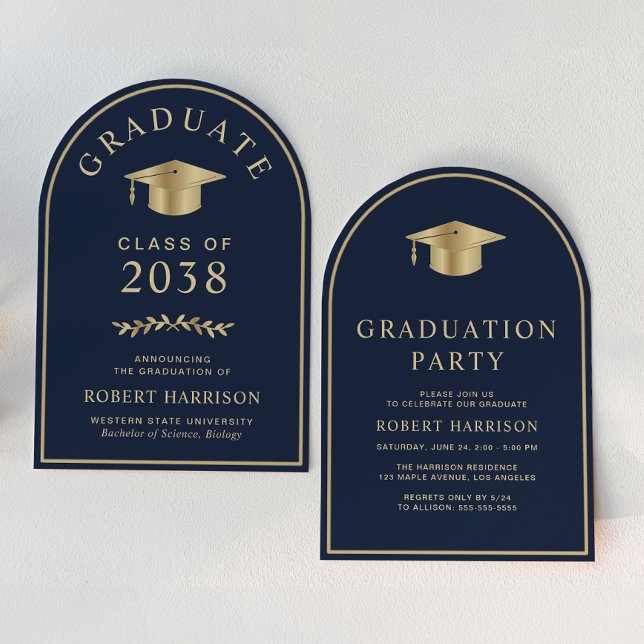 Invitation Élégante Bleue Gold College Parti de Graduation (An elegant arch-shaped college graduation party invitation to celebrate the graduate's achievements)
