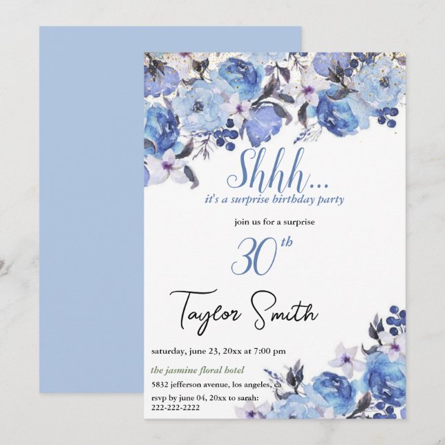 Invitation élégante bleue pour une fête surprise f (Devant / Derrière)