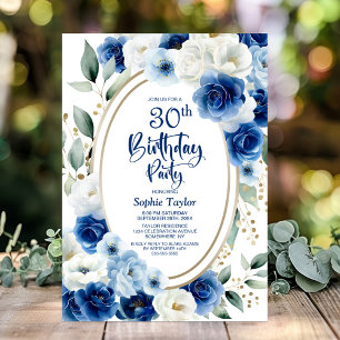 Invitation Elégante Blue Floral 30e fête d'anniversaire