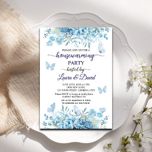 Invitation Elégante Blue Floral Papillons Fête de réchauffeme