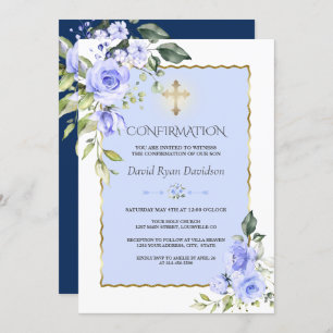 Invitation Elégante Blue Flowers Gold Cross Boy Confirmation