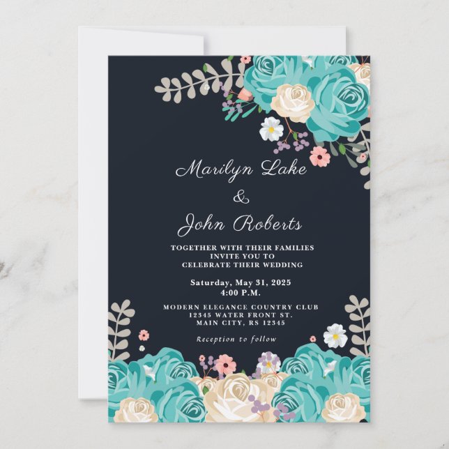 Invitation Elégante Blue Flowers Mariage Floral Navy (Devant)