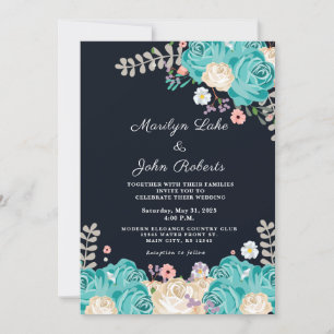 Invitation Elégante Blue Flowers Mariage Floral Navy