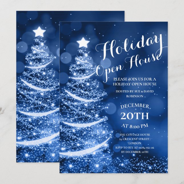 Invitation Elégante Blue Holiday Open House Party (Devant / Derrière)