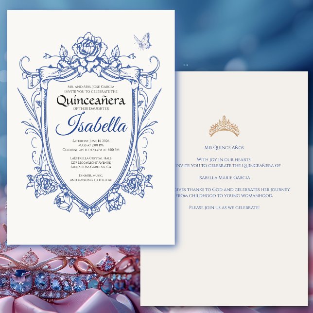 Invitation Elégante Blue Quinceañera 15e Anniversaire (Elegant quinceañera invitation for a 15th birthday celebration. Customize for your own event. )