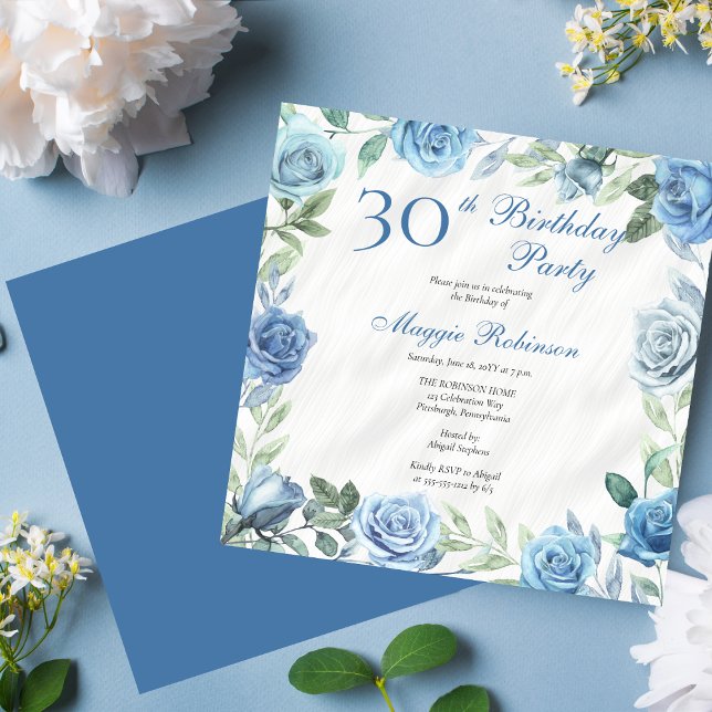 Invitation Elégante Blue Rose Floral Frame 30e fête d'anniver (Elegant Blue Floral Frame 30th Birthday Party Invitation - Available in Print and/or Download)