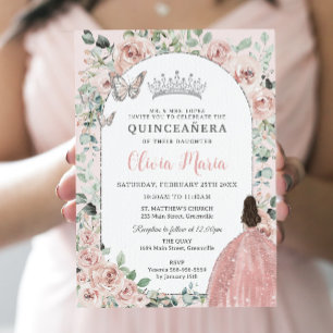 Invitation Elégante Blush Floral Princesse Silver Quinceañera