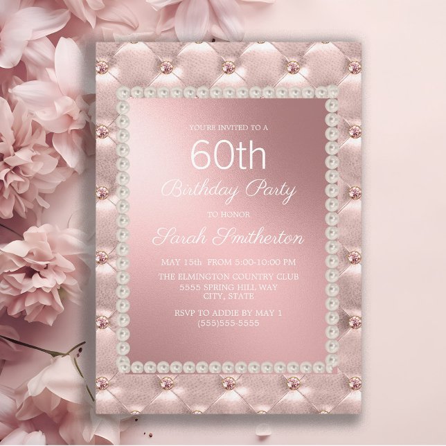 Invitation Élégante Blush Pink Blanc 60e fête d'anniversaire (Elegant pink tufted women's 60th birthday party invitation)