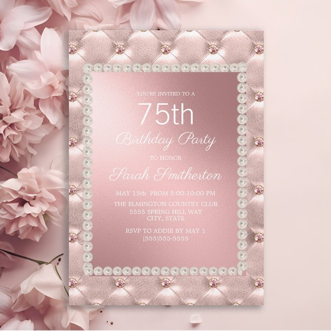 Invitation Elégante Blush Pink Blanc 70e fête d'anniversaire (Elegant pink tufted women's 75th birthday party invitation)