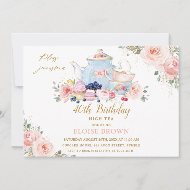 Invitation Elégante Blush Rose Floral High Tea Party Annivers (Devant)