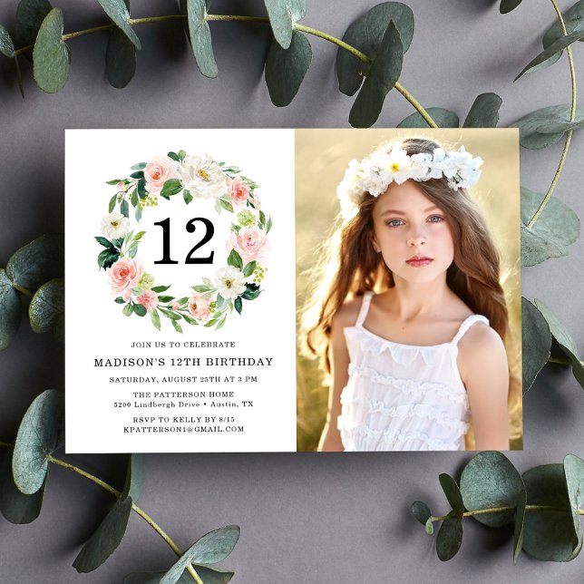 Invitation Elégante Blush rose floral photo fête d'anniversai (Créateur téléchargé)