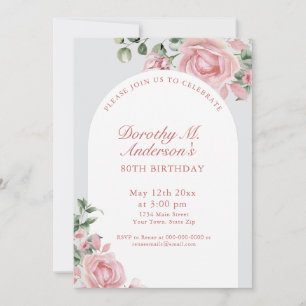 Invitation Elégante Blush Rose Roses 80e fête d'anniversaire
