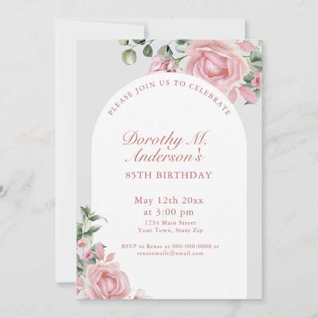 Invitation Elégante Blush Rose Roses 85e fête d'anniversaire (Devant)
