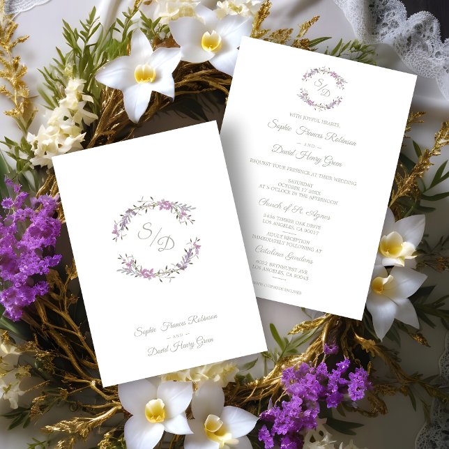 Invitation Elegante Boda Lilac (Sophisticated Elegant Lilac Floral Wedding Garland Invitation Card.)
