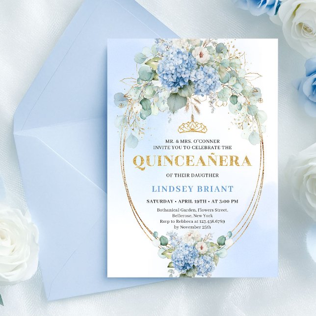 Invitation élégante Boho Bleu Hydrangeas Quinceañe (Elegant Boho Blue Hydrangeas Quinceañera Invite)