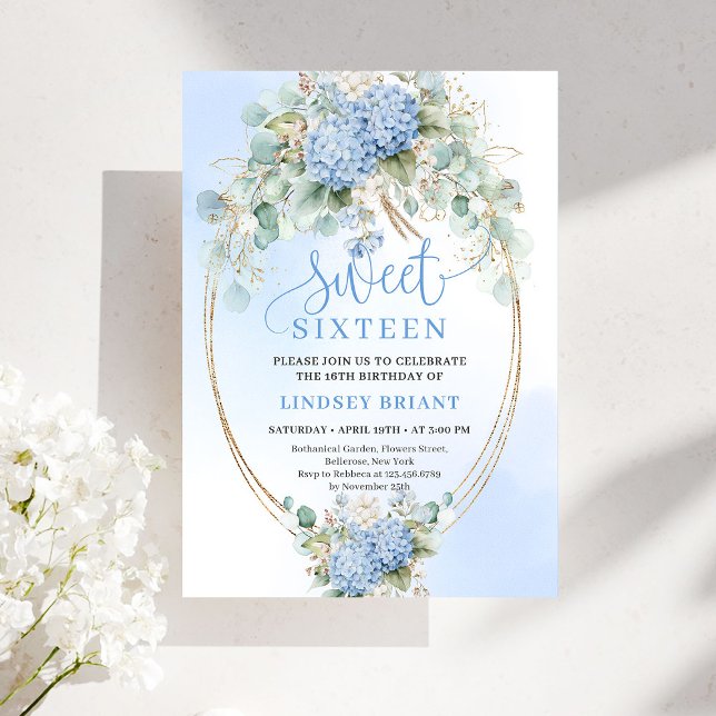 Invitation élégante Boho Bleu Hydrangeas Sweet Six (Elegant Boho Blue Hydrangeas Sweet Sixteen Invite)